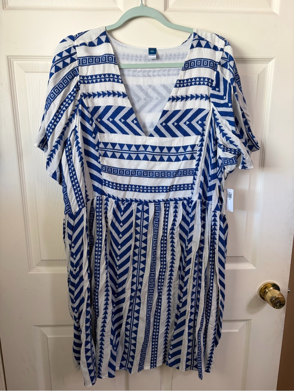 Old Navy Blue and White Geometric V-Neck Women's Dress NWT linen blend